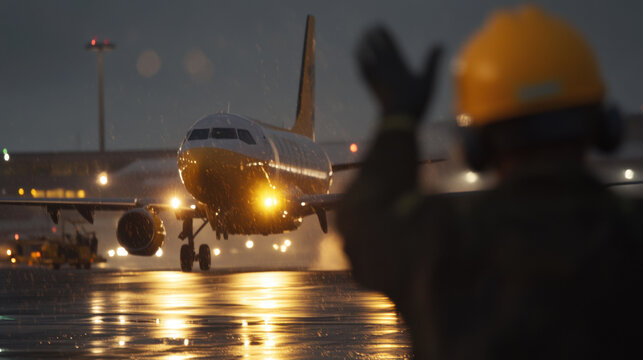 Ground staff coordinating aircraft taxi with hand signals during rainy weather at airport, showcasing teamwork and precision in aviation operations