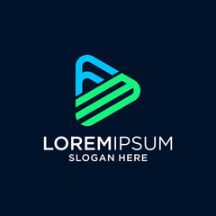 Abstract Play Button Logo Design: Blue and Green Geometric Triangle on Dark Background