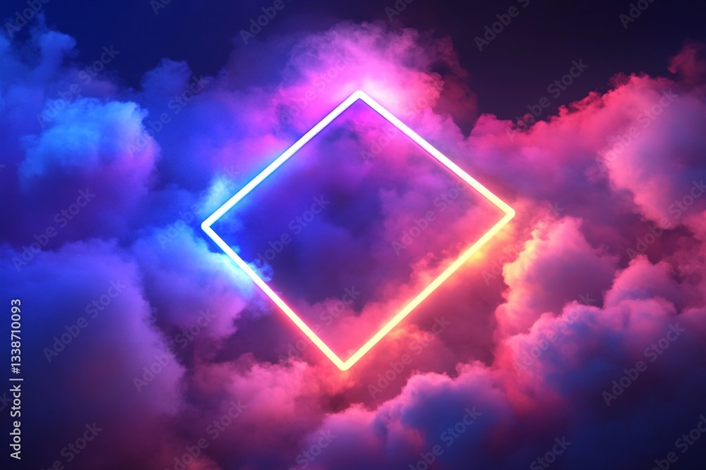 Poster neon square frame in illuminated clouds