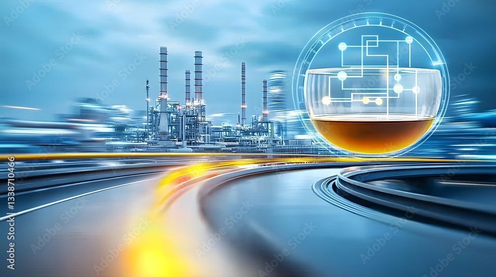Poster futuristic 3d of a hybrid energy grid that combines fossil fuels and renewable power sources like so