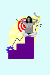 Fototapeta premium Exclusive image vertical photo collage of happy businesswoman hold laptop target career goal achievement chance progress