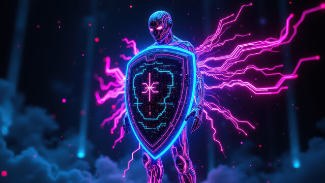Sci-fi cyber warrior with glowing armor and shield against a futuristic background.