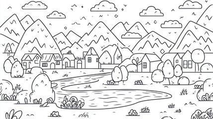 Obraz premium Simple line drawing of a village nestled beside a river in a mountain landscape. Suitable for children's books or educational materials