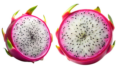 Dragon fruit set, Set of dragon fruits sliced, Fresh fruits isolated