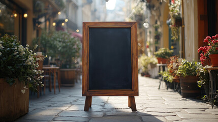Street chalkboard stand with blank menu space, framed in wood, surrounded by red flowers and vintage paving, ideal for outdoor restaurant promotions, welcoming signage, or daily offers. Copy space.