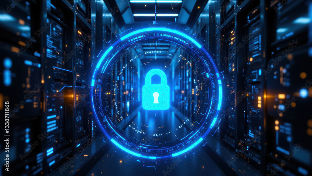 Poster a digital depiction of a futuristic data center with advanced security features, including a lock ic