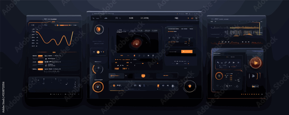 Poster Futuristic dark mode dashboard interface with graphs and controls.