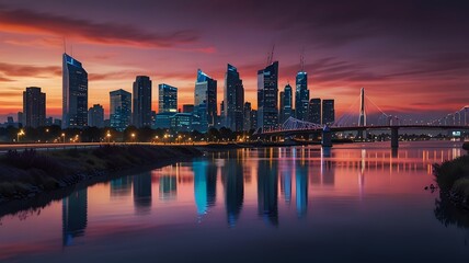 Fototapeta premium futuristic cityscape at sunset with a bright sun on the horizon