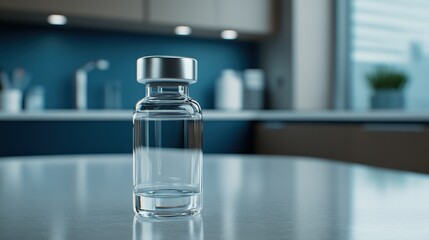 Clear Glass Bottle on Kitchen Table with Modern Background and Soft Lighting Effects