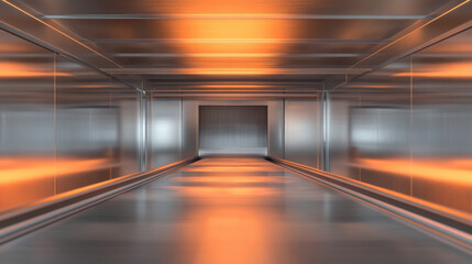 sleek, modern corridor with metallic walls and warm orange lighting creates futuristic atmosphere. reflective surfaces enhance sense of depth and space, inviting exploration