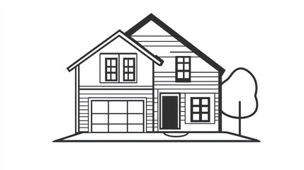 Two-story House Exterior Illustration, Front View, Simple Design, for real estate, architecture