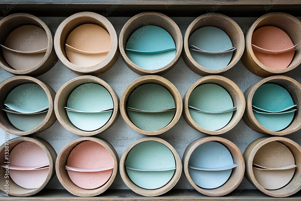 Poster abstract pastel circles in wooden containers creating a calming and organized visual harmony