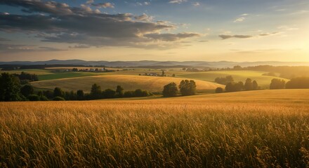 Fototapeta premium Sunset Pastoral Farmland Tranquil Landscape with Golden Grasses