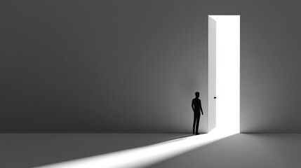 Fototapeta premium Man Facing Open Door with Light, Hope, and Opportunity.