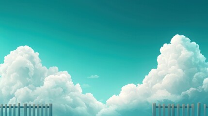 Serene Abstract Illustration of Bright Blue Sky with Cotton Candy Clouds and Minimalistic Wooden Fence Design for Tranquil Backgrounds and Themes