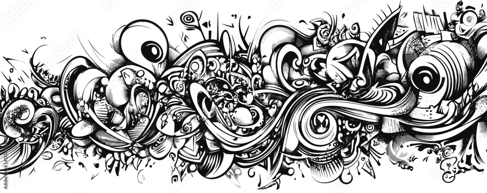 Poster stylized black and white abstract art with intricate swirls and geometric patterns.