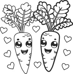 Adorable Kawaii Carrots with Smiling Faces Surrounded by Hearts and Leaves