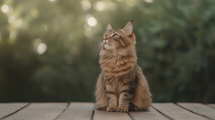 regal Maine Coon cat sits proudly on wooden surface, gazing upwards with curious expression. soft fur and striking features of this feline create captivating scene in natural setting