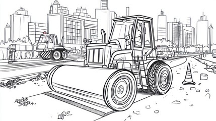 Coloring Book Illustration Tractor Road Work in City