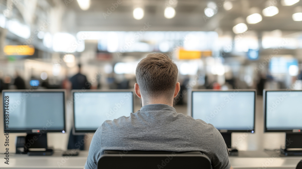 Poster person sitting in front of multiple computer monitors in busy environment, focused on their work. sc