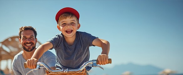 Young boy is riding a bike with his dad