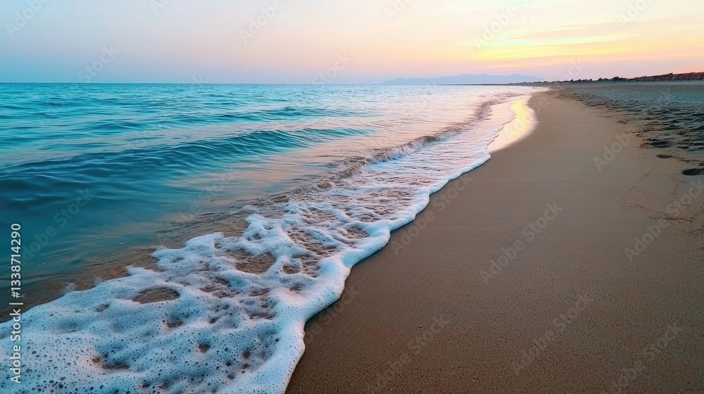 Poster beach waves landscapes idea. serene beach view at sunset with gentle waves lapping on golden sand.