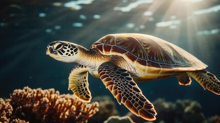 Fototapeta premium Sea turtle conservation landscapes concept. A graceful sea turtle swims through vibrant coral reefs under the ocean waves.
