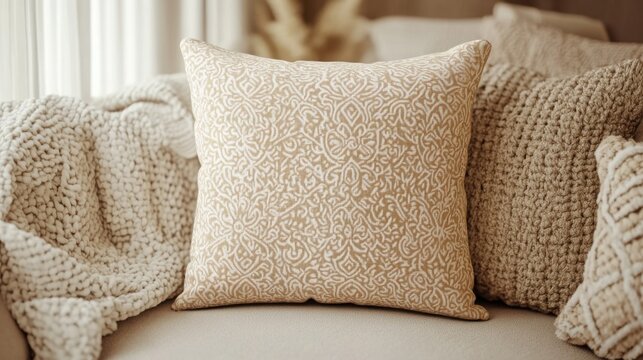 Beige Damask Pattern Throw Pillow on Neutral Sofa with Knitted Throw and Pillows