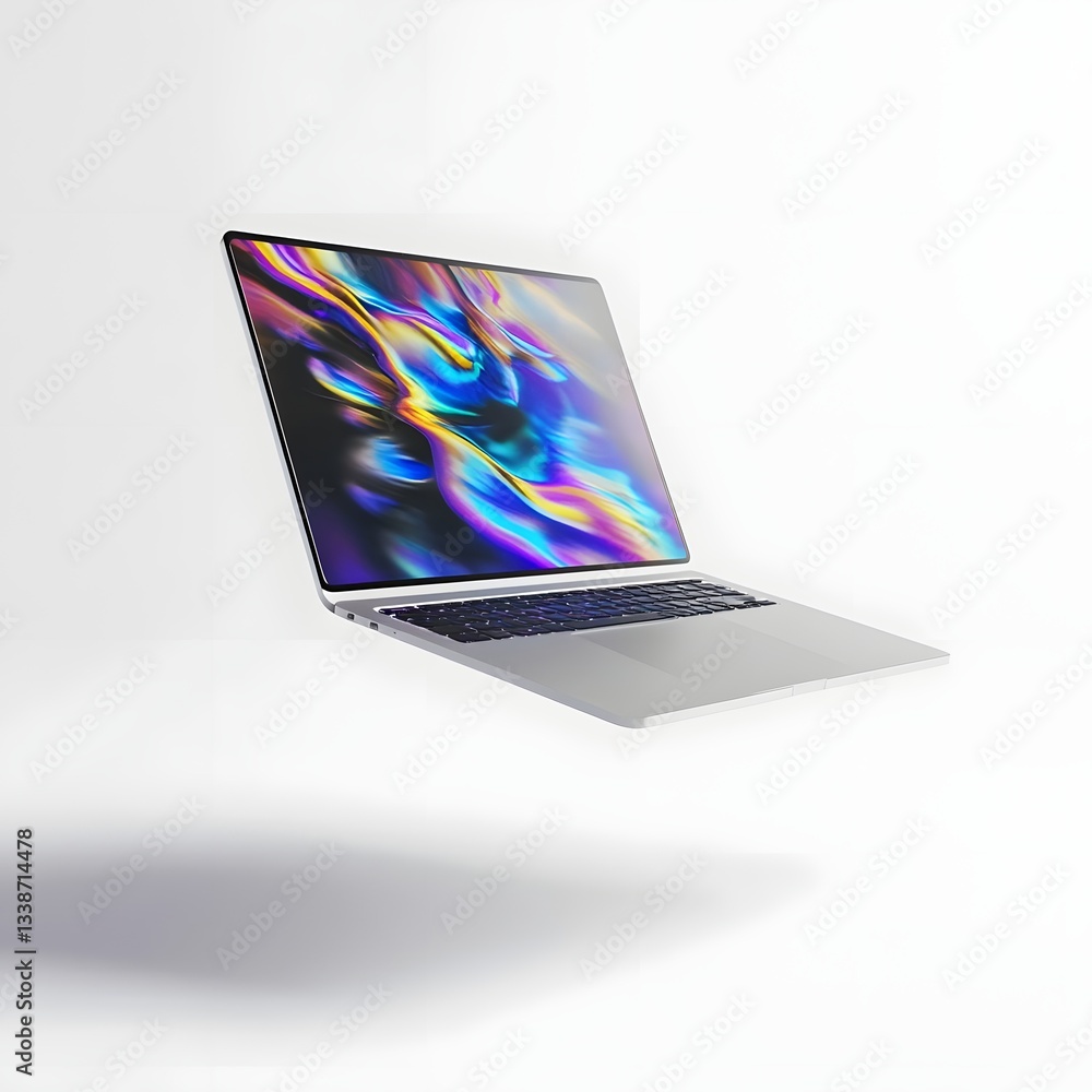 Poster futuristic workspace setup featuring a sleek silver laptop floating in mid air with a clean white ba