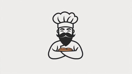 Professional chef with a beard wearing a traditional chef hat while proudly holding a fresh baked loaf of bread in a minimalist design style