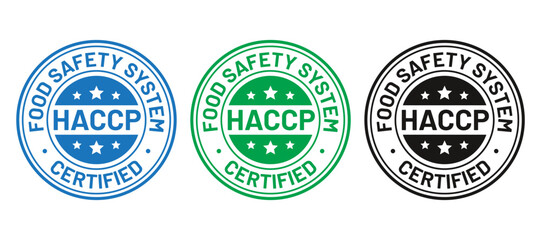 HACCP certified stamp. Food safety system round emblem. Hazard analysis and Critical Control Points seal imprint. Quality warranty badge icon on white background. Vector illustration Marketing sticker