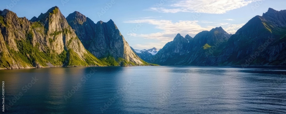 Poster beach waves landscapes idea. breathtaking view of serene mountains mirrored in a calm lake under a c