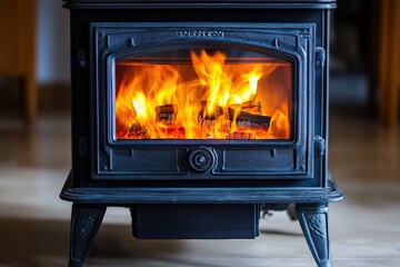 Black cast iron wood stove with visible flames creating a warm atmosphere in a cozy interior setting Generative AI