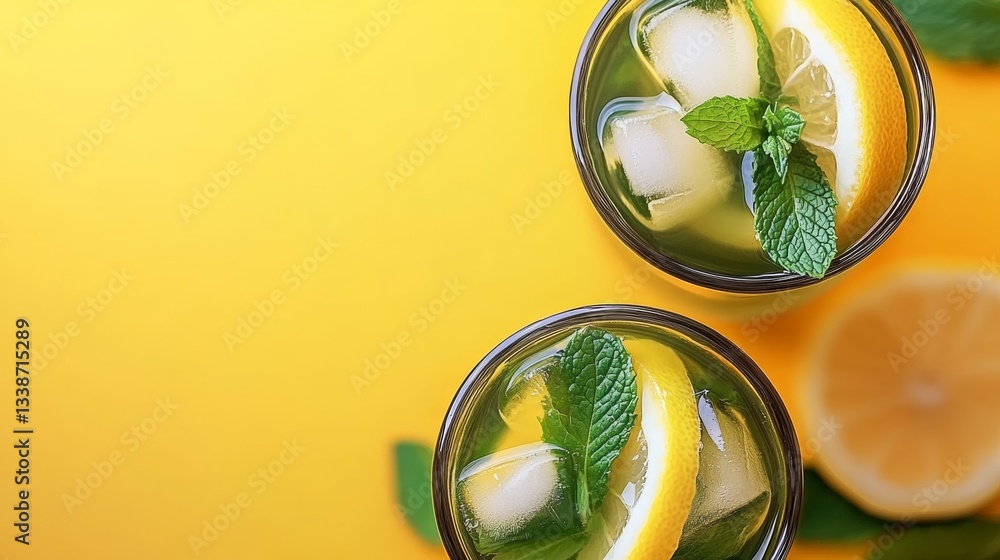 Poster two glasses of lemonade with ice cubes and a slice of lemon on the side