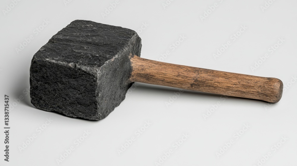 Poster rustic stone hammer tool on white background featuring rough texture and wooden handle for construct