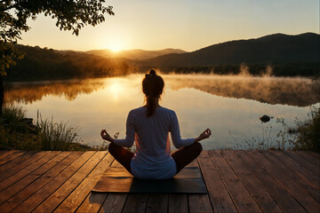 A person sits peacefully in a yoga pose by the serene lake at sunrise, embodying tranquility surrounded by nature's beauty, evoking calmness and harmony with nature.