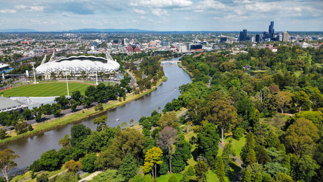 The skyline of Melbourne at a cloudy day, seen from above