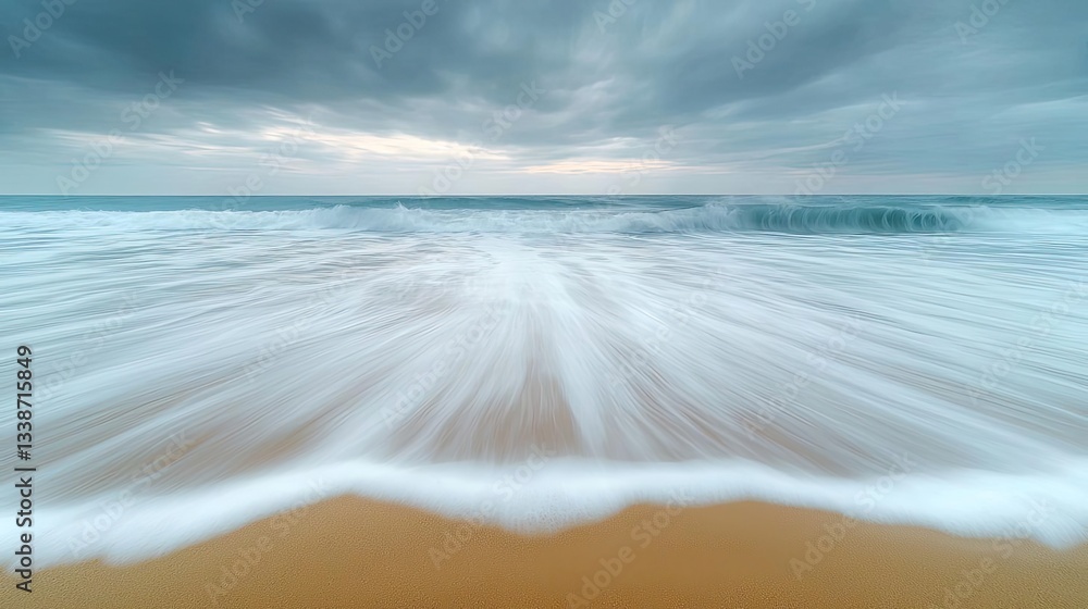 Poster Beach waves landscapes idea. A serene ocean view with soft waves and moody clouds creating a calming atmosphere.