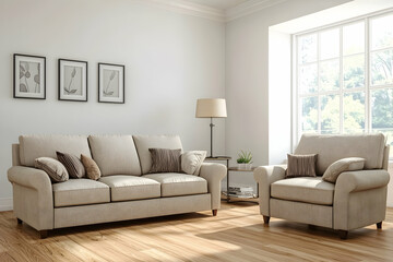 Fototapeta premium 3D rendering of a modern villa living room with beige furniture, hardwood flooring, and stylish decor.