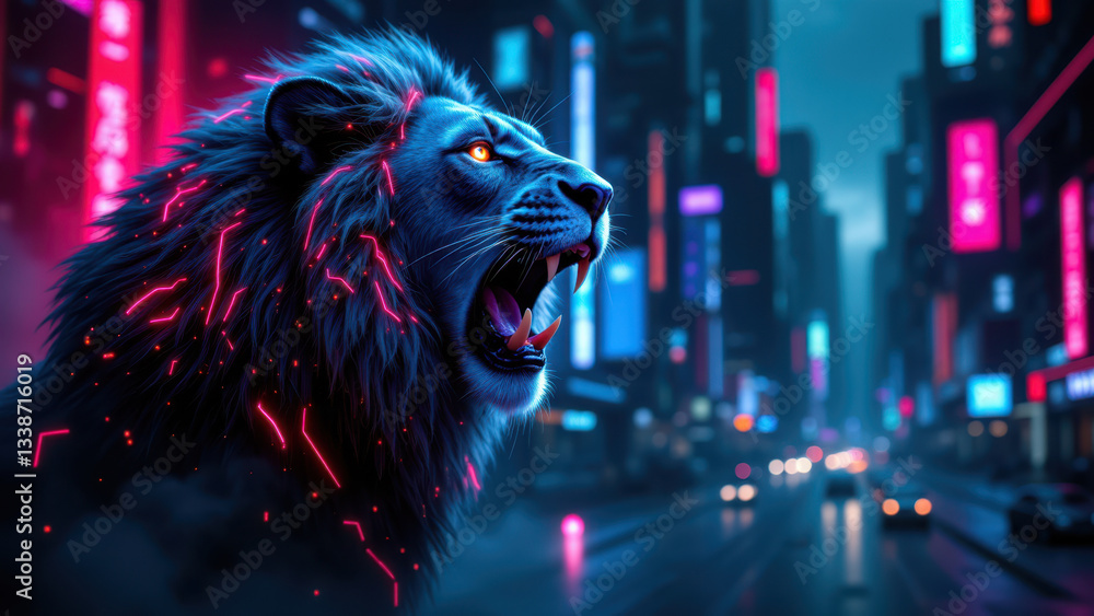 Poster a majestic lion with cybernetic enhancements stands on a city street at night, symbolizing strength 