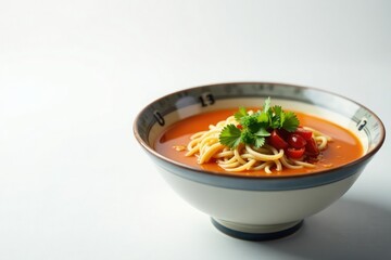 Steaming bowl of ramen noodles, broth, and toppings on white , dinner, oriental