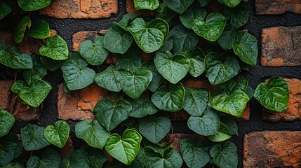 Green heart shaped leaves climbing up a red brick wall