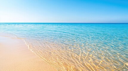 Obraz premium Beach waves landscapes idea. Tranquil beach with clear water under a bright blue sky, creating a serene ambiance.