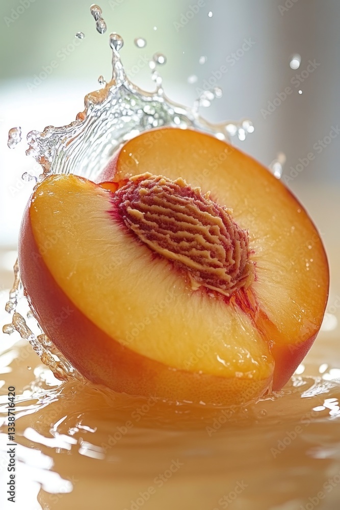 Poster captivating close up of a juicy peach half with a splash of water creating a refreshing and vibrant 
