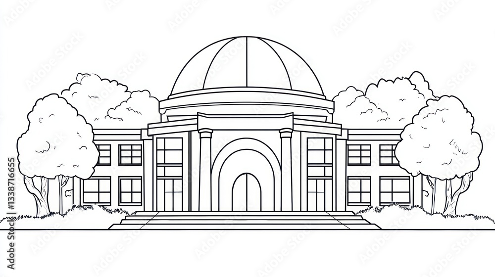 Poster outline drawing of a museum or library building with trees. possible educational use