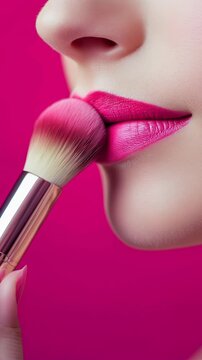 Applying pink lipstick with a brush for a flawless look in a vibrant setting. Ideal for Social Media, Stories, Advertising