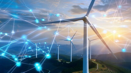 Intelligent wind turbines with AI optimized energy output and advanced data analytics overlaying the renewable energy landscape at sunset  Innovative technology for the future of sustainable power