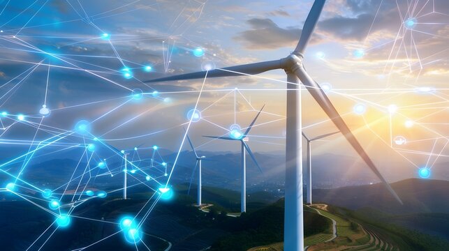 Intelligent wind turbines with AI optimized energy output and advanced data analytics overlaying the renewable energy landscape at sunset  Innovative technology for the future of sustainable power