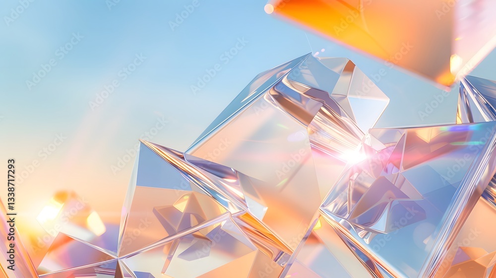 Poster majestic abstract crystal formation pattern with sharp reflective geometric facets catching and refr