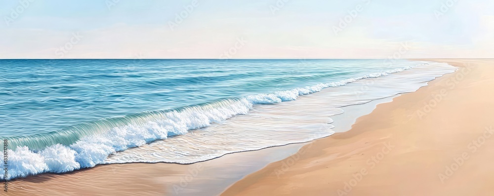 Poster Beach waves landscapes idea. A serene beach scene capturing gentle waves and soft sand under a clear blue sky.